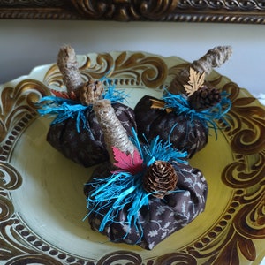 Fabric Fall Pinecone Pumpkins, Palm size, Mini in size, Trier Tray size, Fall pumpkin, wooden leaf, twine bow, Housewarming gift, Fall gift.