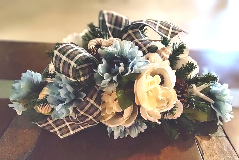 Coastal Blue Centerpiece: Sea Shells, Pinecones, Cream Peonies, Pine ...