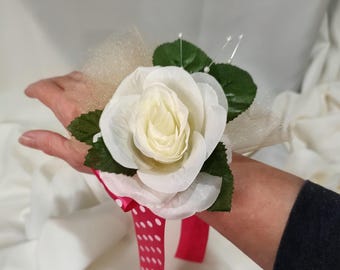 Corsage rose wristlet, Ponytail floral, Wedding, Prom, Mother's Day, Birthday, Rose Wrist, Pink poke a dot ribbon.