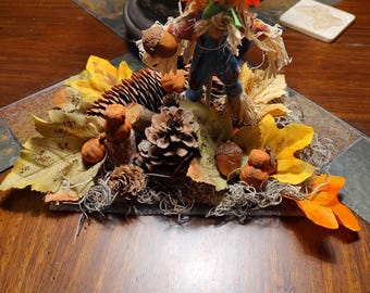 Autumn day scarecrow Centerpiece: Autumn Table Décor, Fall leaves .