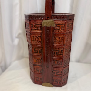 Vintage Chinese Wedding / Picnic Basket – 5-Tier Lacquered Bamboo & Rattan Tiffin Carrier