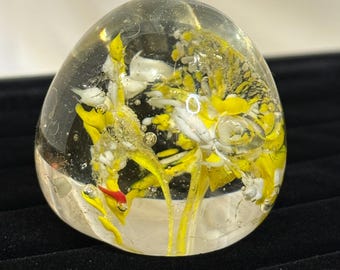 Art Glass Egg Paperweight with Encased Floral Design