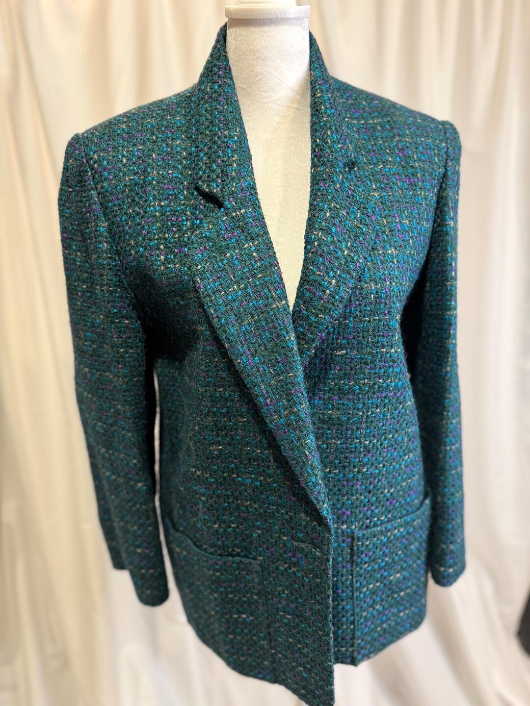 Vintage Green+Blue tweed blazer ^^^ size8 / s-m >>>
