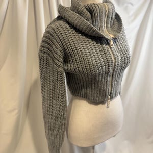 Puede incluir: Un su&eacute;ter corto gris con capucha y mangas largas. El su&eacute;ter tiene una textura de punto grueso y una cremallera de largo completo en la parte delantera. El su&eacute;ter se exhibe en un maniqu&iacute;.