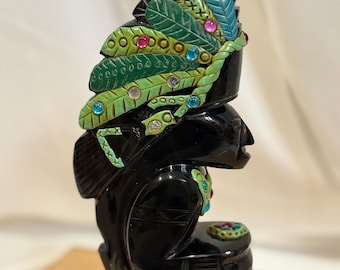 Vintage Obsidian Aztec/Mayan Figurine – Hand-Carved Statement Piece