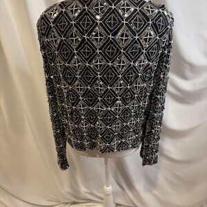 Vintage Adrianna Papell Beaded Silk Jacket – Black Silver Geometric - Size Medium image 11
