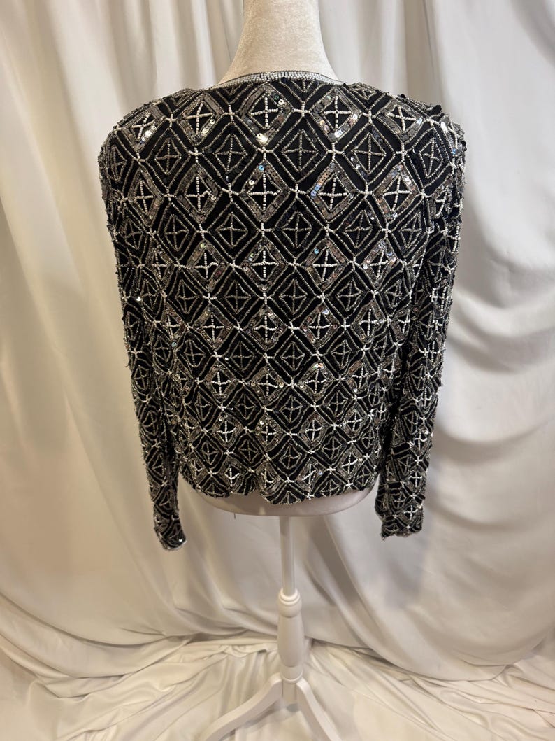 Vintage Adrianna Papell Beaded Silk Jacket – Black Silver Geometric - Size Medium image 11