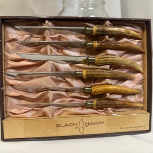 Vintage Black Hawk Antler-Handled Steak Knives – Set of 6. Free Shipping