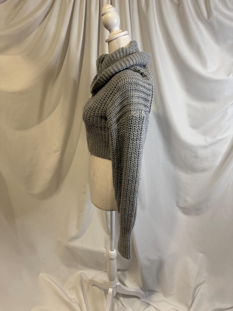 Puede incluir: Un su&eacute;ter corto gris con cuello alto se exhibe en un maniqu&iacute;. El su&eacute;ter est&aacute; hecho de un material grueso y tejido. Las mangas son largas y el dobladillo inferior del su&eacute;ter termina por encima de la cintura.