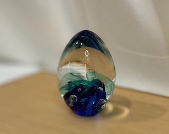 Vintage Handblown Art Glass Egg – Blue & Green Swirl Paperweight