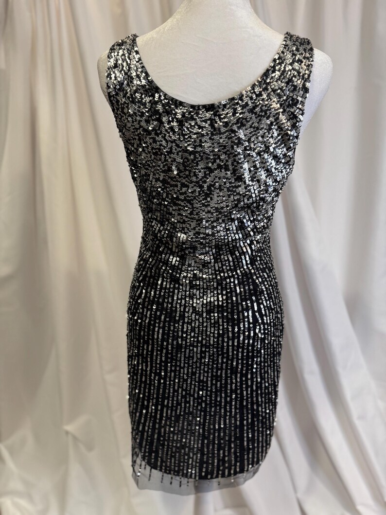 Pu&ograve; includere: Un abito senza maniche con paillettes, con un motivo nero e argento. L'abito ha un collo rotondo e una silhouette aderente.