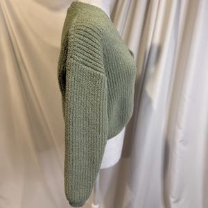 May include: A sage green, cropped sweater with a textured, ribbed knit design. The long sleeves and the body of the sweater have a soft, fuzzy appearance. The sweater is displayed on a mannequin.