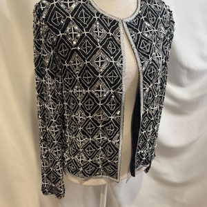 Vintage Adrianna Papell Beaded Silk Jacket – Black Silver Geometric - Size Medium image 12