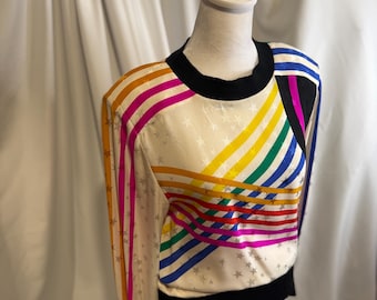 Vintage 1980s Francesca of Damon for Starington — Silk Rainbow Stripe & Star Blouse  (Size 6)