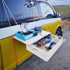 Hanging table DIY camper Vanlife camping outdoor table box camping kitchen box sliding door roof rails table outside VW Caddy Crafter VWT6 Ducato