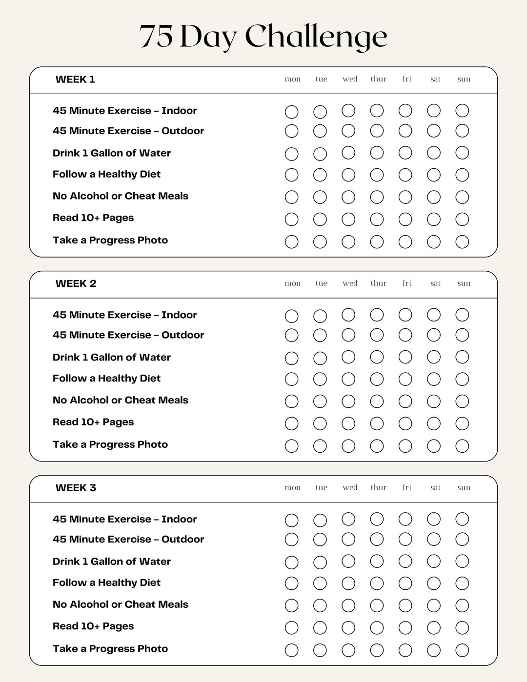 75 Day Challenge - Digital Daily Checklist (PDF) - Etsy