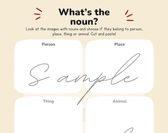 May include: A worksheet with colorful illustrations of a girl, a house, a chicken, a fox, a man, a church, cookies, an elephant, a baby, a feather, balloons, a globe, and the words "What's the noun?" and "Sample".