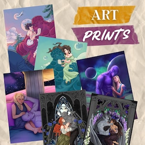 May include: A collection of fantasy art prints featuring couples in romantic embraces. The prints showcase various creatures and settings, with vibrant colors and detailed illustrations. Text on the image reads "ART PRINTS" and "LIMITLESSROMANCE.ETSY.COM".