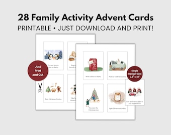 May include: Printable Christmas Advent calendar cards with 28 different activities for families to do together. Each card features a cute illustration and a short description of the activity. The cards are 2.9 inches by 4.1 inches.