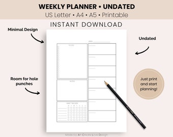 May include: A black and white printable weekly planner with sections for "To Do", "Notes", and "Habit Tracker". The planner is undated and includes space for hole punches. The text "WEEKLY PLANNER UNDATED" and "INSTANT DOWNLOAD" is at the top of the page.