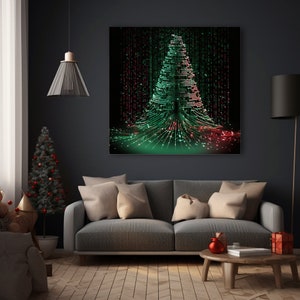 Könnte beinhalten: Ein digitaler Kunstdruck eines grünen und roten Weihnachtsbaums aus Linien und Punkten auf schwarzem Hintergrund.