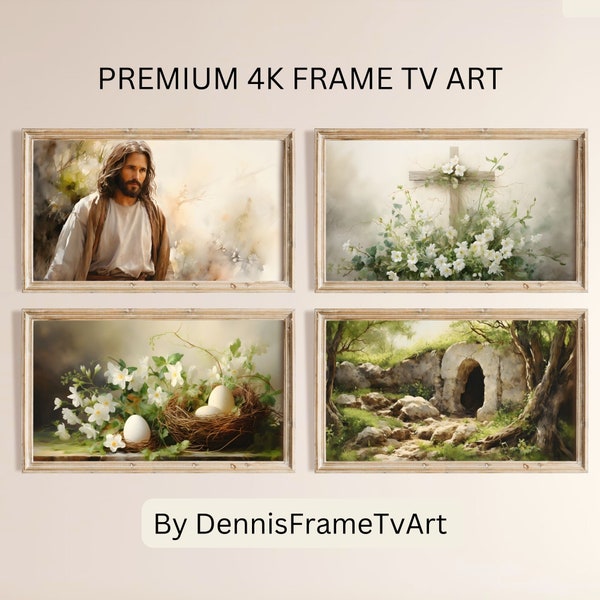 Religious Frame TV Art Easter Set of Four Pictures, Resurrection Frame TV Bundle of 4 Artworks, Catholic Bible Home Spring Decor to Download