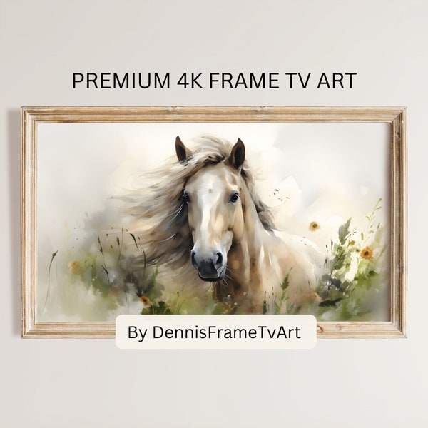 Neutrales Pferdeporträt im Wildflofer-Feld, digitaler Download, Western-Wildlife-Bild für Samsung Frame TV, Farm Animal Scene Frame TV Art