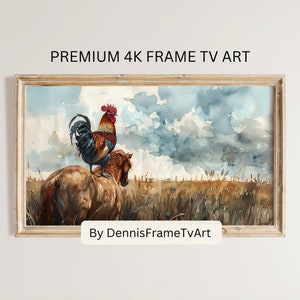 Puede incluir: Una pintura de acuarela de un gallo encaramado en la espalda de un caballo marrón. El caballo y el gallo están de pie en un campo de hierba alta con un cielo nublado en el fondo. La pintura está enmarcada en un marco de madera claro. "PREMIUM 4K FRAME TV ART By DennisFrameTvArt" está escrito debajo de la pintura.