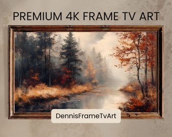 Pode incluir: Pintura de paisagem emoldurada retratando uma cena de rio com árvores de outono. A obra de arte apresenta uma moldura de madeira castanha e os textos "PREMIUM 4K FRAME TV ART" e "DennisFrameTvArt". A pintura mostra uma atmosfera nebulosa.