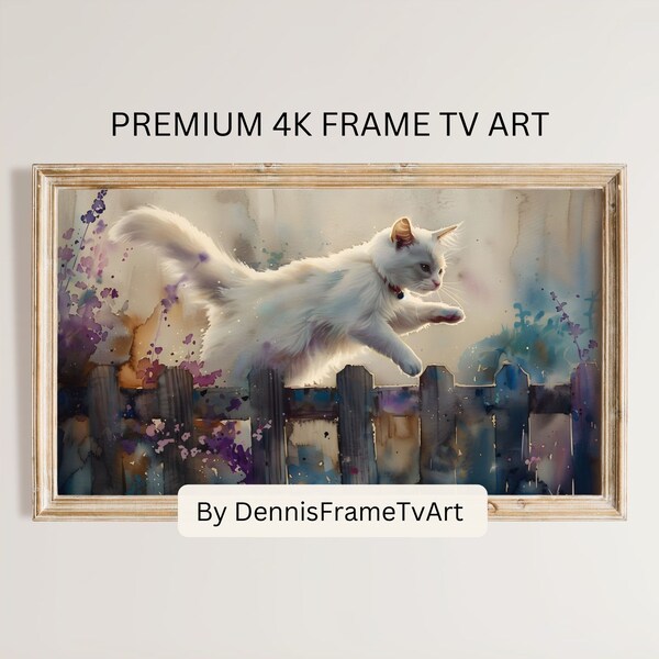 Cute White Cat Frame TV Art Digital Download, Watercolor Countryside Scene Artwork, Country Cat on Rustic Fence, Feline Lover Picture for TV