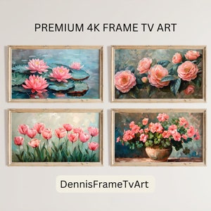 Könnte beinhalten: Vier gerahmte Bilder mit rosa Blumen. Das obere linke Bild zeigt rosa Seerosen auf einem blauen Teich. Das obere rechte Bild zeigt rosa Kamelienblüten. Das untere linke Bild zeigt rosa Tulpen. Das untere rechte Bild zeigt rosa Geranien in einem braunen Topf.