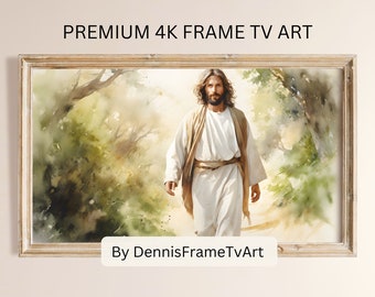 Pobierz natychmiast grafikę telewizyjną Jesus Frame, obraz telewizyjny Catholic Farmhouse, nowoczesne akwarele religijne, chrześcijańska grafika telewizyjna Frame do pobrania