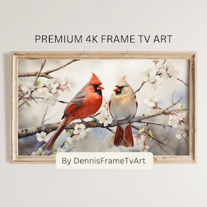 Northern Cardinals on a Spring Branch Frame TV Art Birds, Birdwatching Lover Artwork for TV, Red Bird Frame TV Art Spring Instant Download