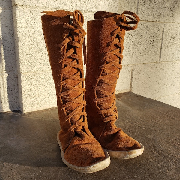 Vintage tall leather mocassins lace up mocassins small handmade Native American shoes rare collectable western shoes southwestern boots