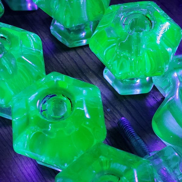 Vintage uranium glass green cabinet pulls beautiful collection of 20 collectible glass knobs for home renovation and restoration projects