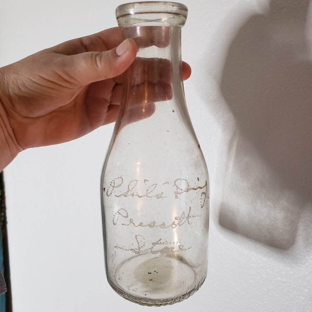 Antique Glass Milk Bottle Etched Lettering Milk Bottles Small Local