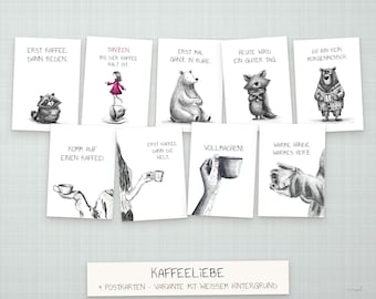 May include: A collection of nine white postcards featuring black and white ink illustrations of animals and people with coffee-themed text in German, including phrases like Erst Kaffee, Dann Reden and Heute Wird Ein Guter Tag.