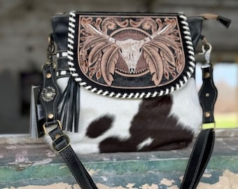 Western Leather bag, Cow Skull design, Hair on Tote Bag, Cowgirl Chic Purse, Western leather Bag, Gift For Her, TheRoosterDenCoUSA