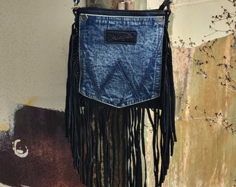 Denim Wrangler leather fringe Purse, Boho jean crossbody western Cowgirl bag, Gift idea for Her