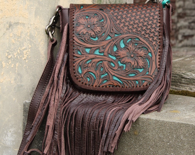Western crossbody flower tooled fringe leather bag, Cowgirl Southwestern purse, Crossbody, Gift idea for her, TheRoosterDenCoUSA