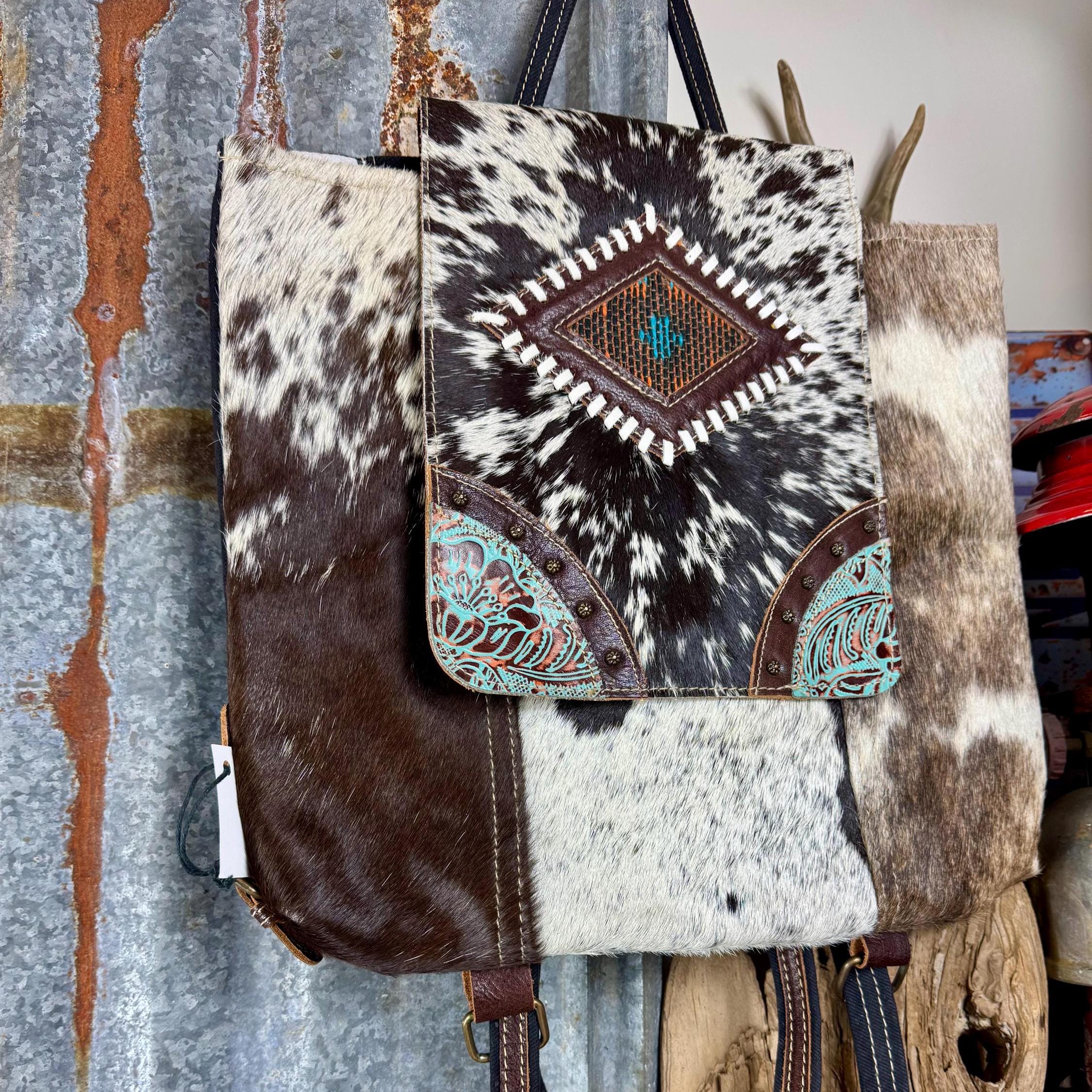 Myra Cowhide Leather Calf Hair Backpack NWOT Western Rodeo Cowgirl Boho Myra Bag western Vibe with Me Hairon Canvas | Mercari main image 4