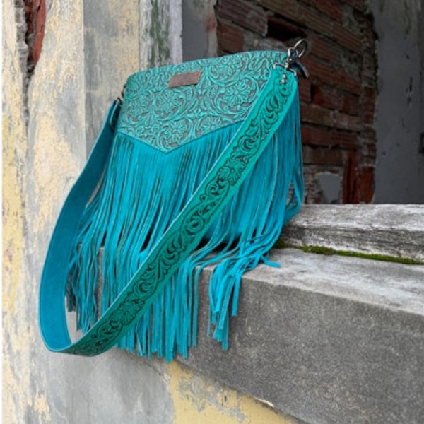 Wrangler Western Turquoise Fringe Purse, Floral Embossed Vintage Tote Bag, Cowgirl Rodeo,  Gift For Her, FREE SHIPPING, TheRoosterDenCoUSA