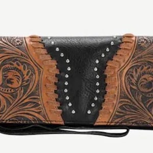 Western tooled brown and black wallet, Trendy Cowgirl Southwestern style, Gift idea for her, TheRoosterDenCoUSA