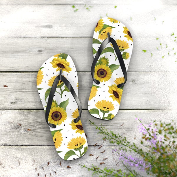 Sunflower Flip Flops, Floral Flower Footwear Black Yellow Thong Sandals Summer Woman Men Beach Sunflower Print Shoes