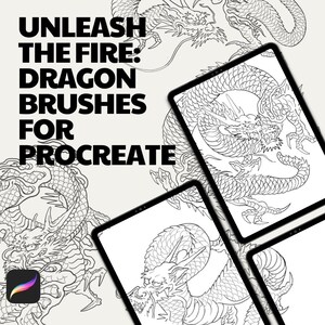 Puede incluir: Una ilustración digital de cuatro diseños de dragones diferentes. El texto "UNLEASH THE FIRE: DRAGON BRUSHES FOR PROCREATE" está en la parte superior de la imagen.