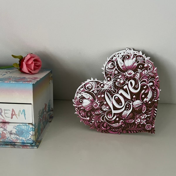 Serce z napisem Love - dekoracja na ścianę, prezent na Walentynki, 3D Filament Painting, obraz przestrzenny z efektem głębi, 5 mm grubości