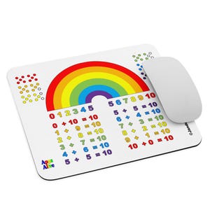 May include: White rectangular mousepad with a rainbow design and math equations. The mousepad features the text "Apps Alive" and a white wireless mouse. The rainbow is in red, orange, yellow, green, blue, and purple.