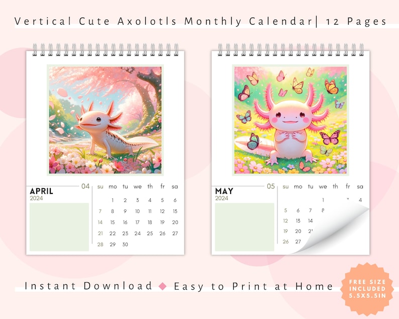 Printable Axolotl Monthly Calendar 2024 Vertical Calendar Digitaldownloadable Calendar Anime