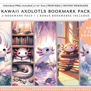 Set of 6 Kawaii Axolotl Printable Bookmarks Plus 3 Bookmarks Bonus Included | Cute Printable Bookmarks | Artful Axolotl Printable Bookmarks