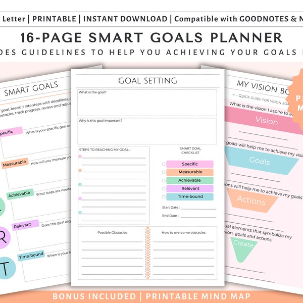 16-Page SMART Goals Planner Plus Printable Mind Map Bonus Included | SMART Goal Worksheet | SMART Goal Setting Template | Printable, Digital